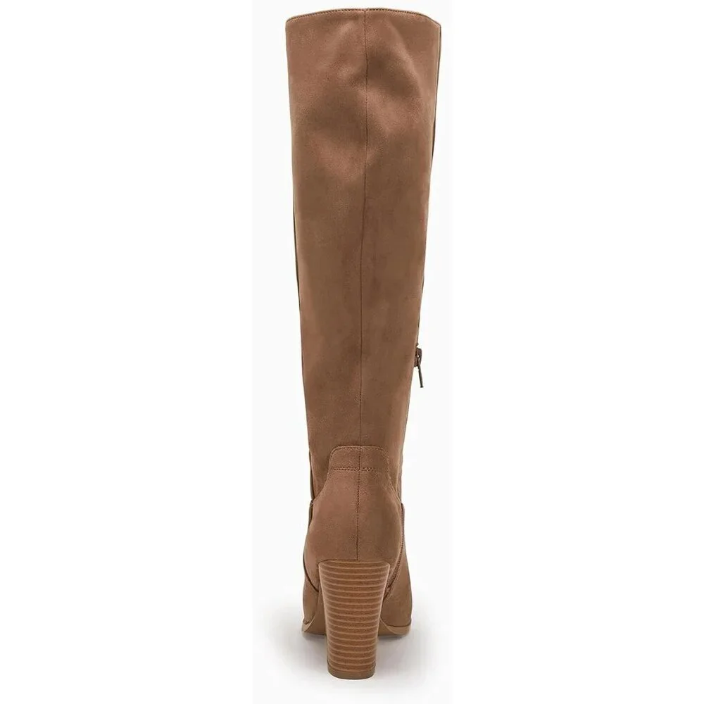 Women Faux Sueder Brown Knee High Chunky Heel Side Zipper Stretch Winter Boot